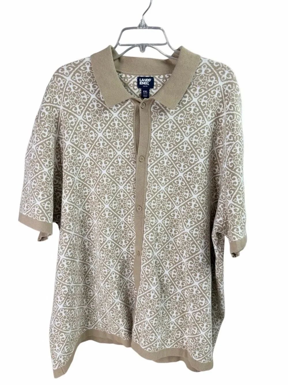 Lands End Mens Short Sleeve Tile Jacquard Button Down Sweater Polo Sz XXL 50-52